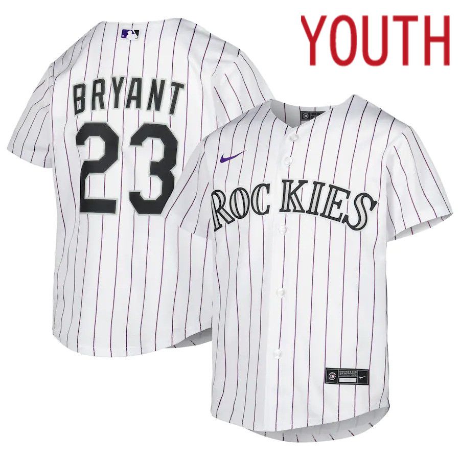 Youth Colorado Rockies #23 Kris Bryant Nike White Home Replica Player MLB Jersey